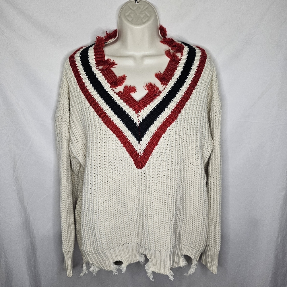Womens Fashion Nova Chunky Knit V Neck Frayed Fray Hem Neckline Boxy Sweater
